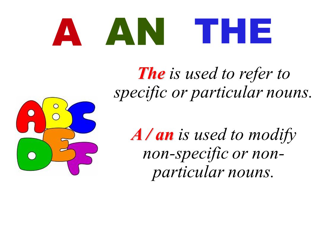 AN A THE The is used to refer to specific or particular nouns.