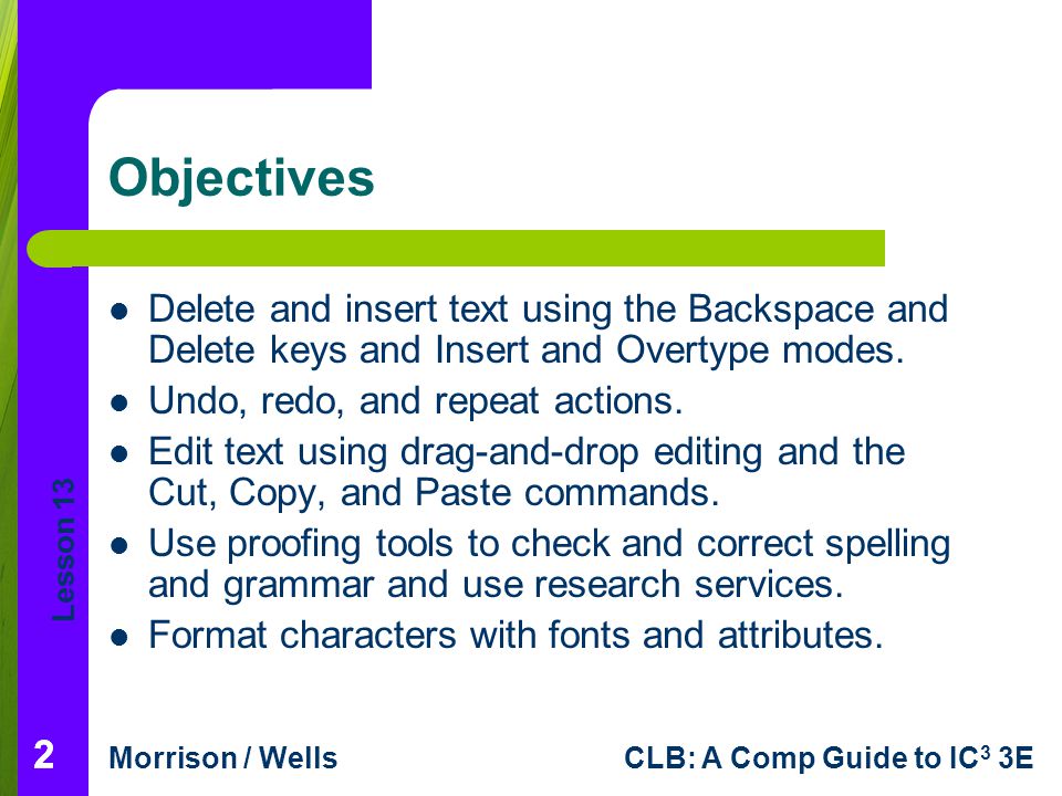 Objectives Delete and insert text using the Backspace and Delete keys and Insert and Overtype modes.