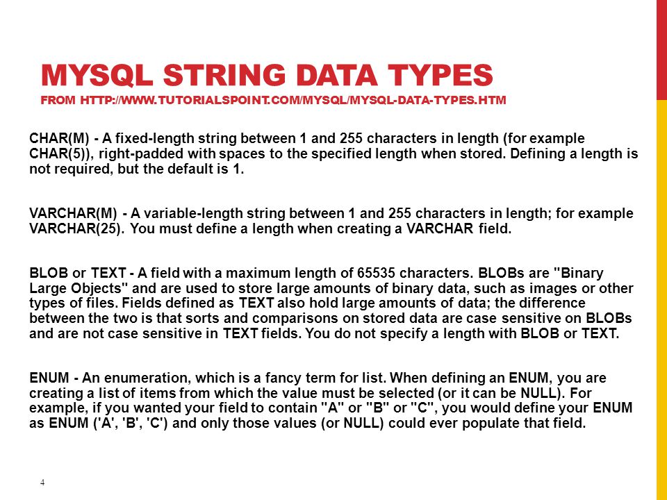 MySQL String Data Types from   tutorialspoint