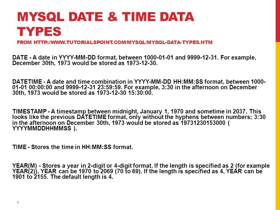 MySQL Date & Time Data Types from   tutorialspoint