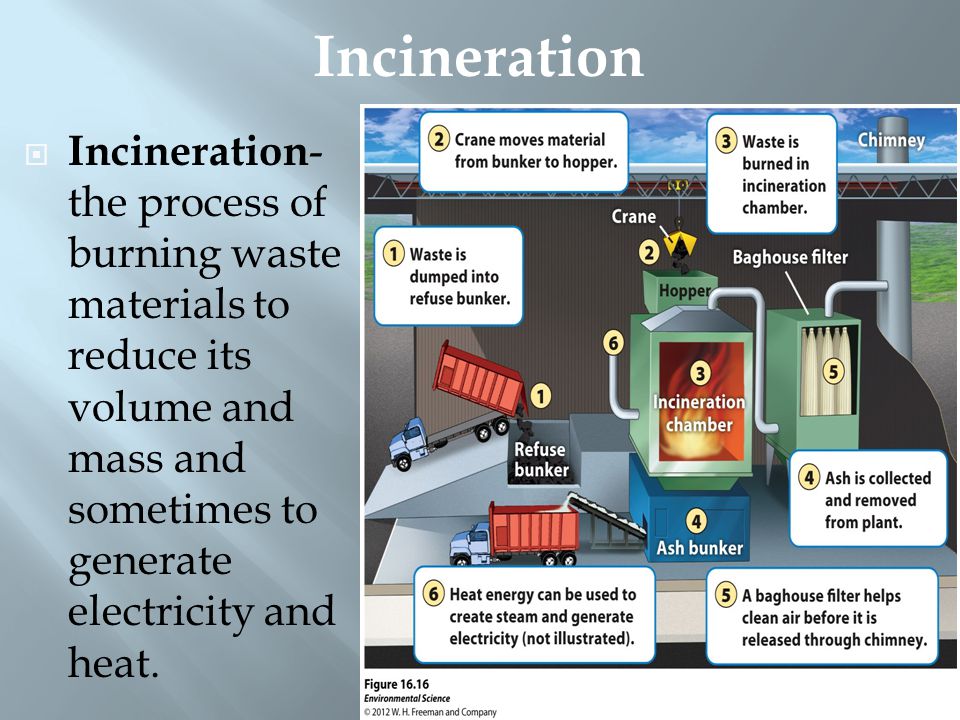 Incineration Incineration- the process of burning waste materials to reduce its volume and mass and sometimes to generate electricity and heat.