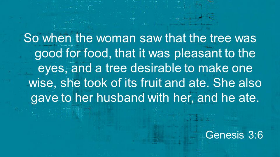 So when the woman saw that the tree was good for food, that it was pleasant to the eyes, and a tree desirable to make one wise, she took of its fruit and ate. She also gave to her husband with her, and he ate.