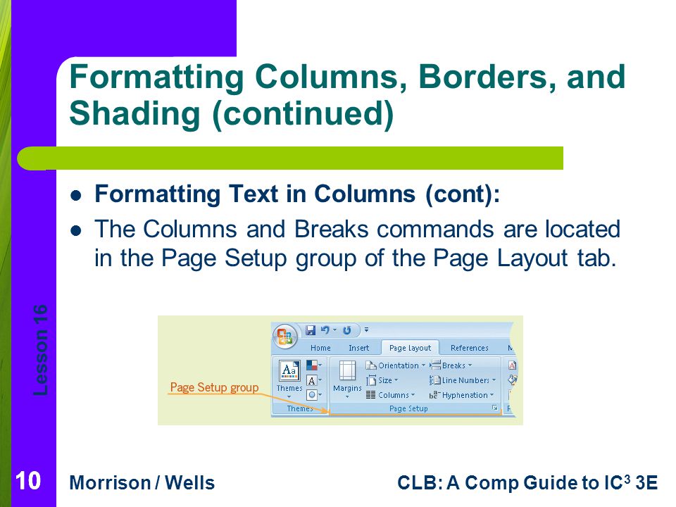 Formatting Columns, Borders, and Shading (continued)