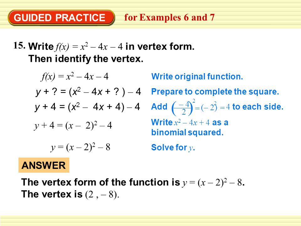 Example 6 Write A Quadratic Function In Vertex Form Ppt Video Online Download