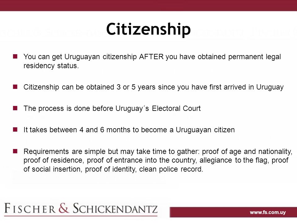 Citizenship You can get Uruguayan citizenship AFTER you have obtained permanent legal residency status.