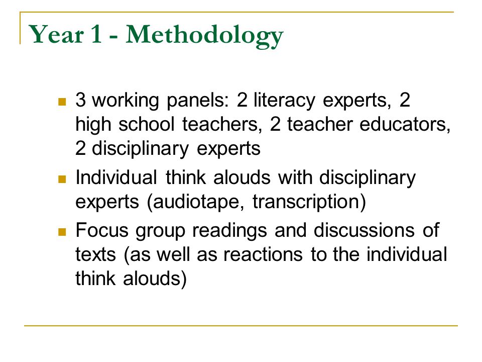 Year 1 - Methodology 3 working panels: 2 literacy experts, 2 high school teachers, 2 teacher educators, 2 disciplinary experts.