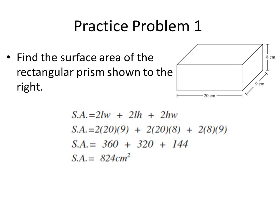 Practice Problem 1 Find the surface area of the rectangular prism shown to the right.