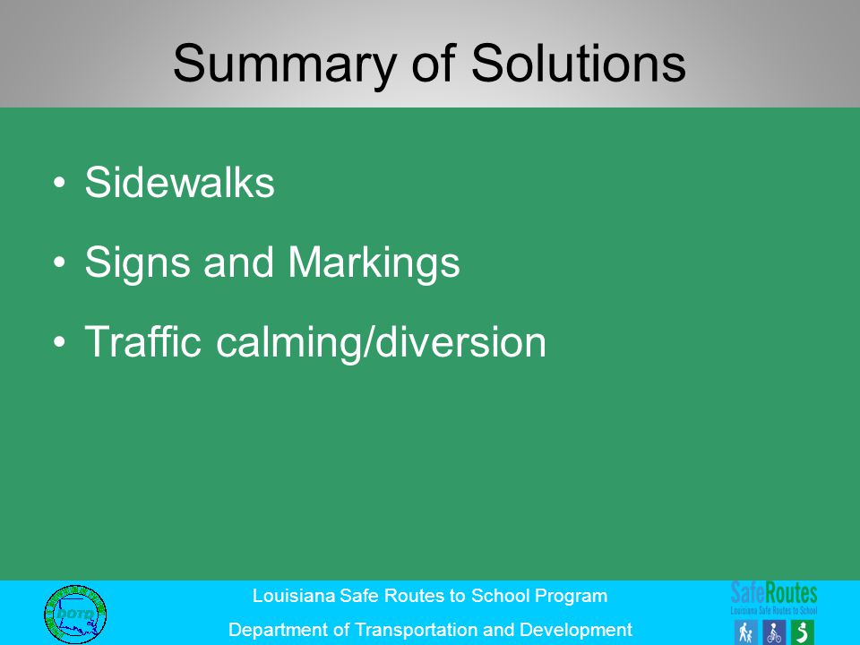 Summary of Solutions Sidewalks Signs and Markings