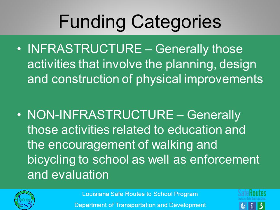 Funding Categories INFRASTRUCTURE – Generally those activities that involve the planning, design and construction of physical improvements.