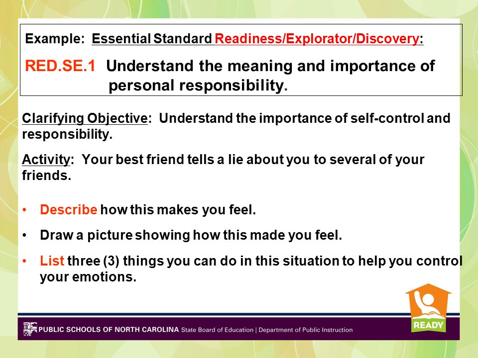Example: Essential Standard Readiness/Explorator/Discovery: RED. SE