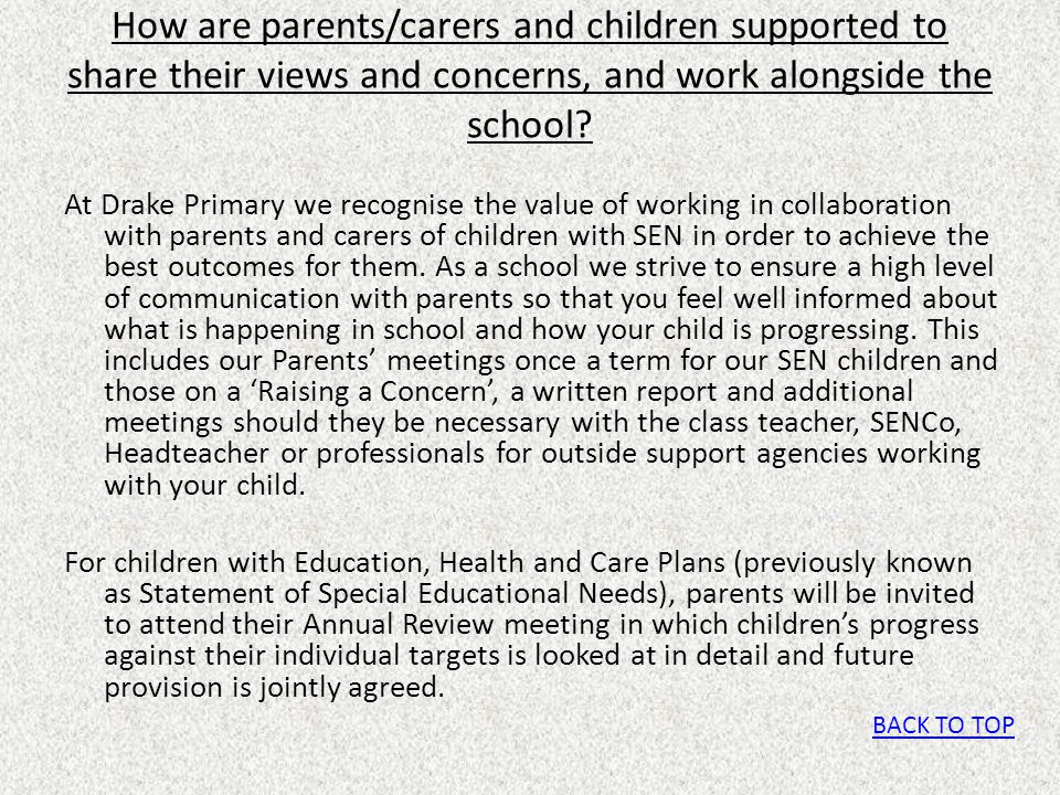 How are parents/carers and children supported to share their views and concerns, and work alongside the school