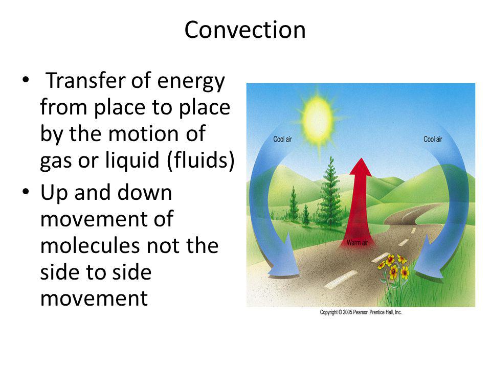 Convection Transfer of energy from place to place by the motion of gas or liquid (fluids)