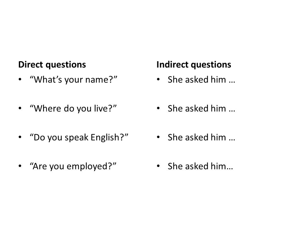 Direct questions Indirect questions. What’s your name Where do you live Do you speak English