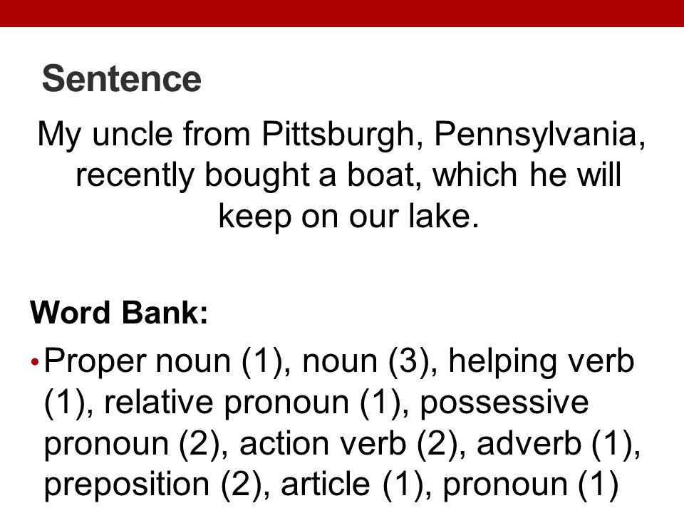 Sentence My uncle from Pittsburgh, Pennsylvania, recently bought a boat, which he will keep on our lake.