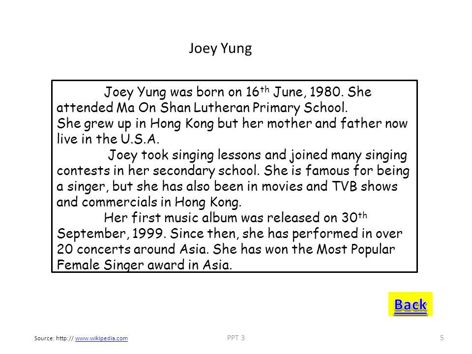 Joey Yung Joey Yung was born on 16th June, She attended Ma On Shan Lutheran Primary School.