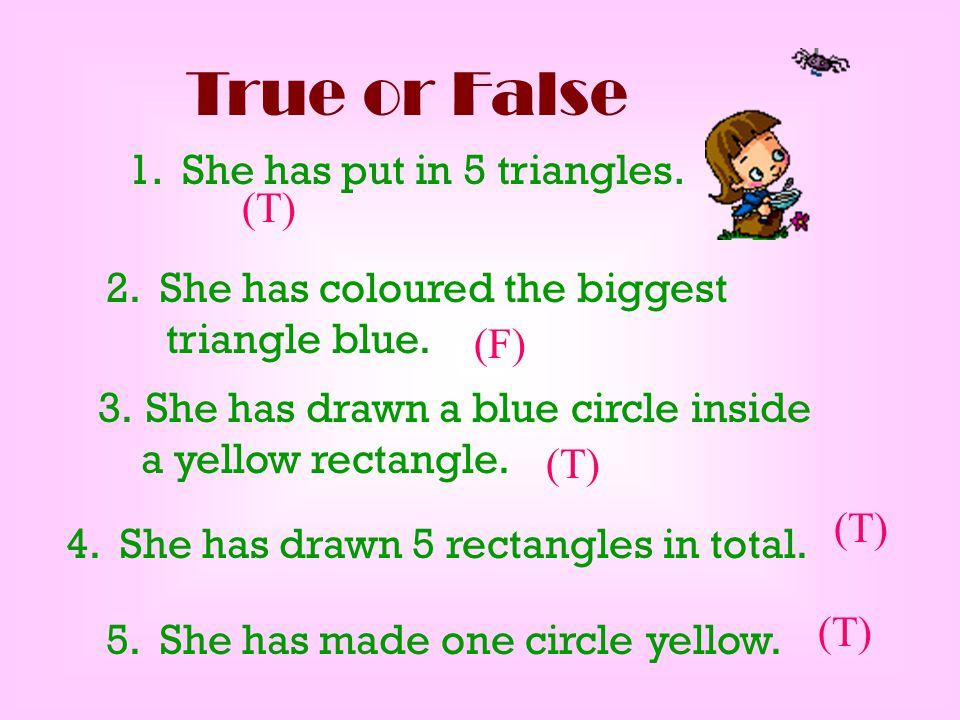 True or False 1. She has put in 5 triangles. (T)