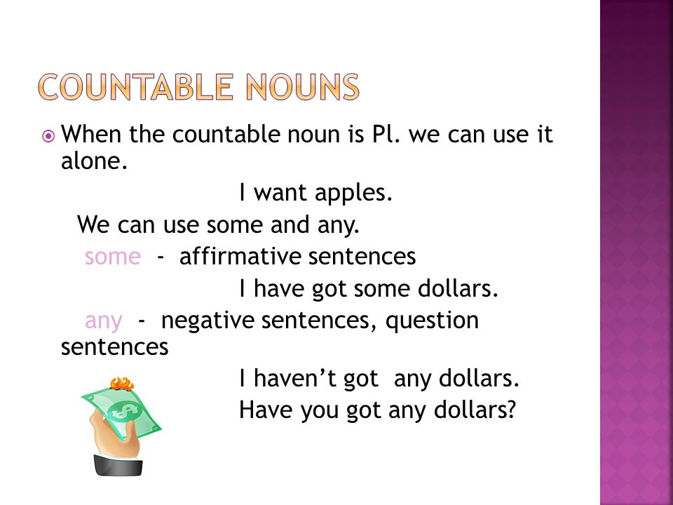 Countable nouns When the countable noun is Pl. we can use it alone.