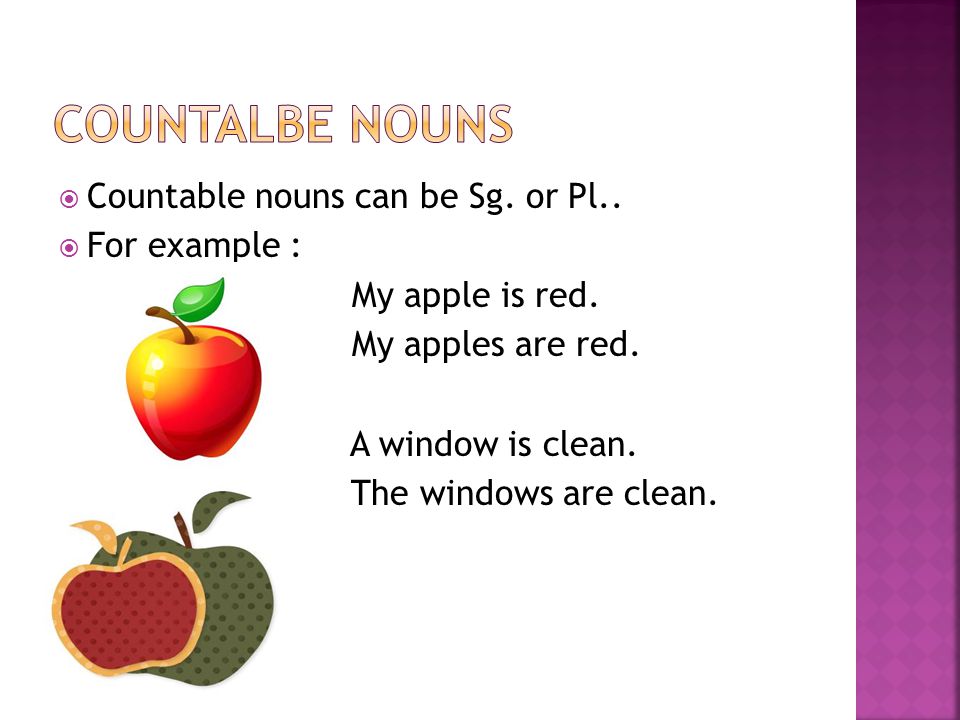 Countalbe nouns Countable nouns can be Sg. or Pl.. For example :