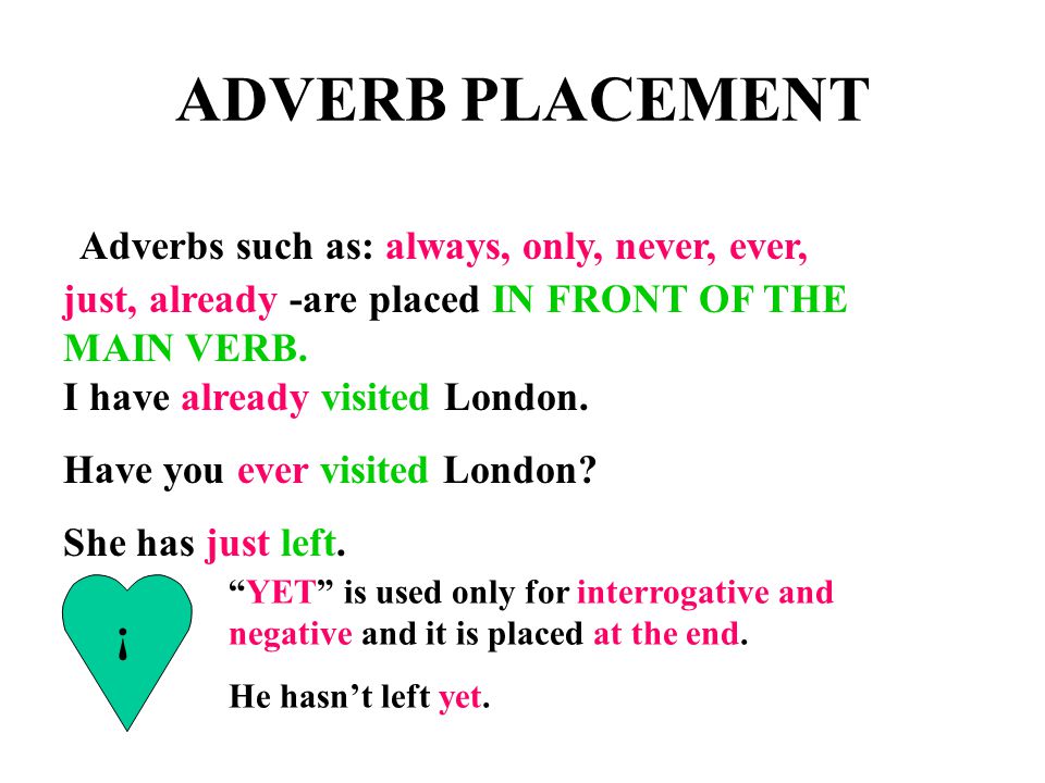 ADVERB PLACEMENT Adverbs such as: always, only, never, ever, just, already -are placed IN FRONT OF THE MAIN VERB. I have already visited London.