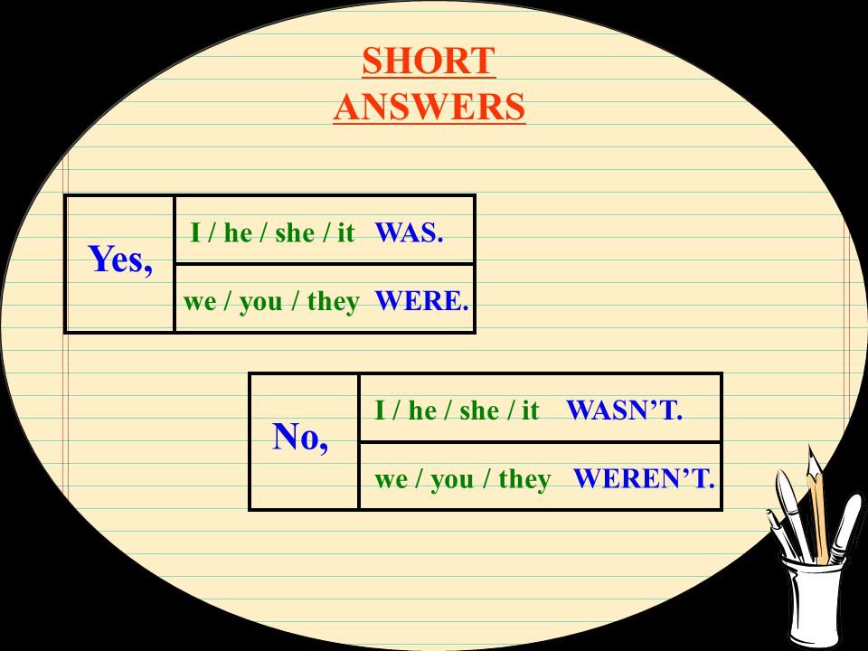 SHORT ANSWERS Yes, No, I / he / she / it WAS. we / you / they WERE.