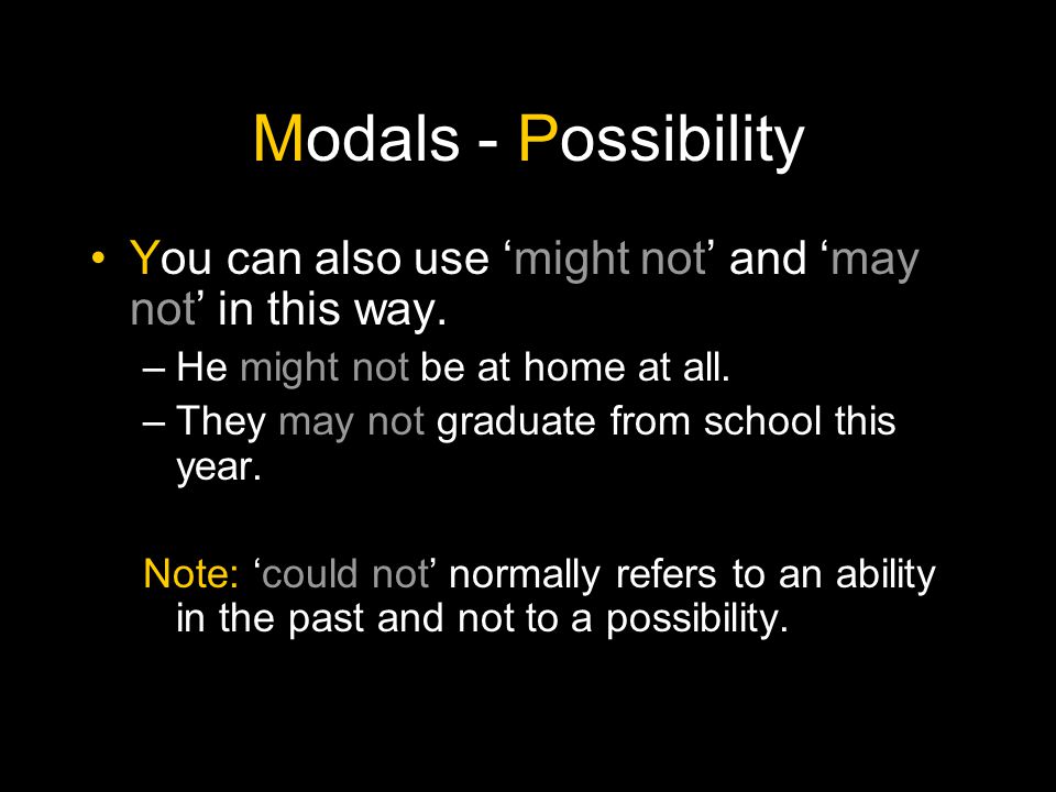 Modals - Possibility You can also use ‘might not’ and ‘may not’ in this way. He might not be at home at all.
