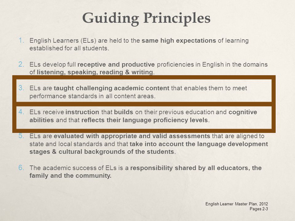 Guiding Principles English Learners (ELs) are held to the same high expectations of learning established for all students.