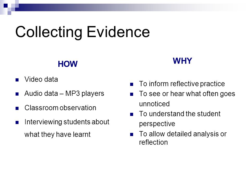 Collecting Evidence HOW WHY Video data To inform reflective practice