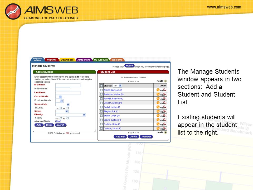 The Manage Students window appears in two sections: Add a Student and Student List.