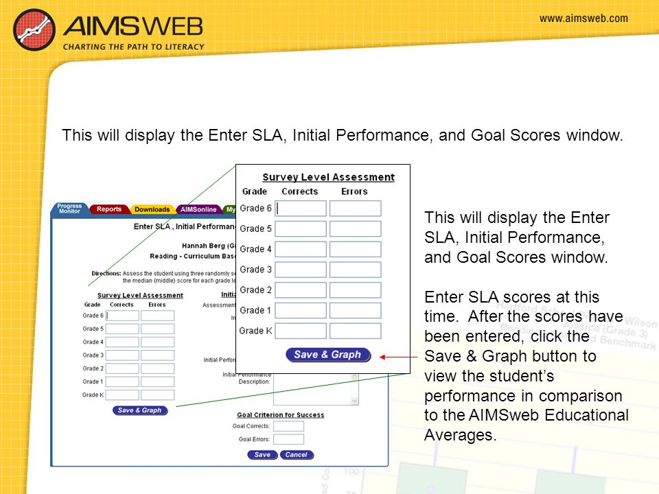 This will display the Enter SLA, Initial Performance, and Goal Scores window.