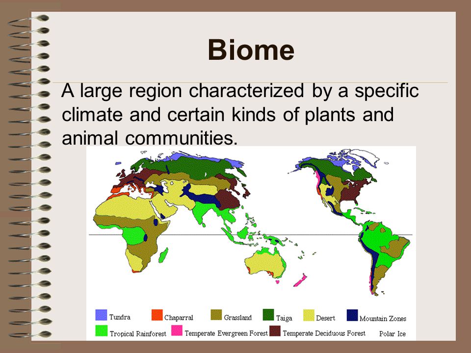 Biome A large region characterized by a specific climate and certain kinds of plants and animal communities.