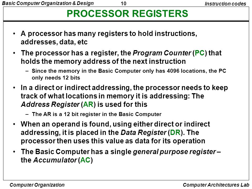 Instruction codes PROCESSOR REGISTERS. A processor has many registers to hold instructions, addresses, data, etc.