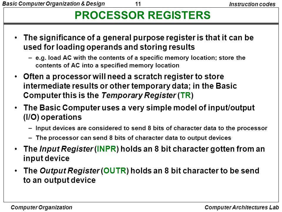 Instruction codes PROCESSOR REGISTERS.