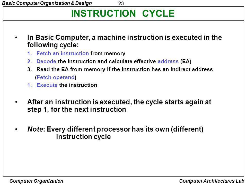 INSTRUCTION CYCLE In Basic Computer, a machine instruction is executed in the following cycle: Fetch an instruction from memory.