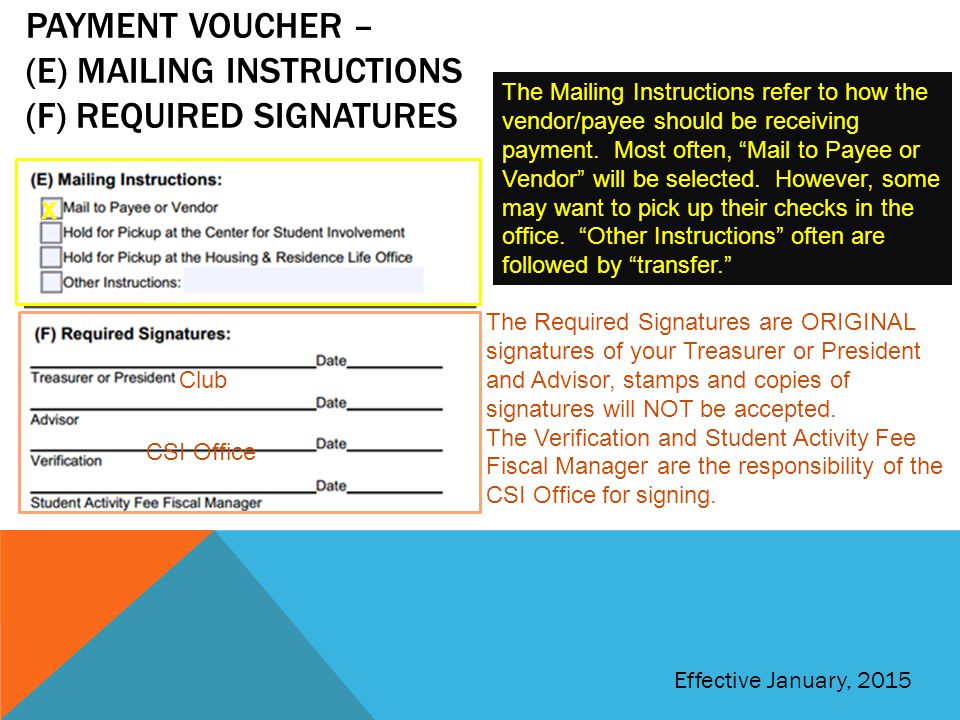 Payment voucher – (e) Mailing instructions (f) required signatures