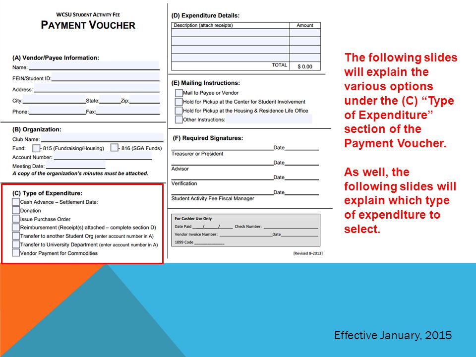 The following slides will explain the various options under the (C) Type of Expenditure section of the Payment Voucher.