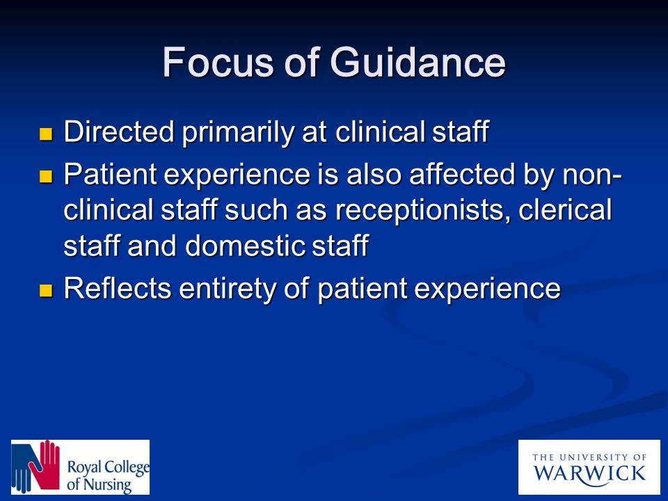 Focus of Guidance Directed primarily at clinical staff