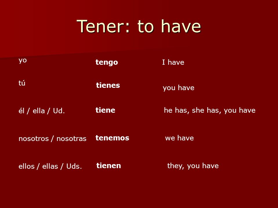 Tener: to have yo tengo I have tú tienes you have él / ella / Ud.