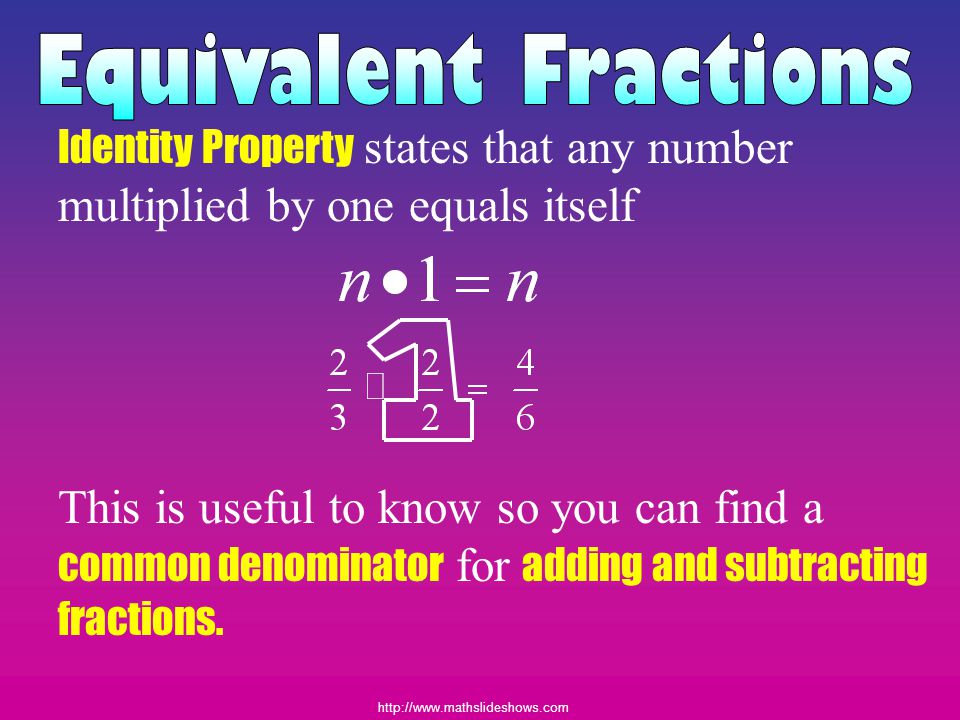 Equivalent Fractions Identity Property states that any number multiplied by one equals itself.