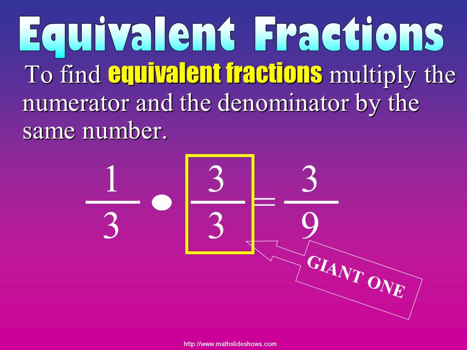 Equivalent Fractions To find equivalent fractions multiply the numerator and the denominator by the same number.