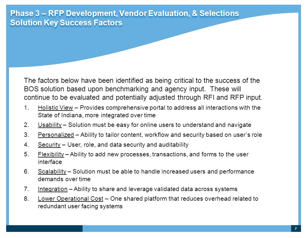 Phase 3 – RFP Development, Vendor Evaluation, & Selections Solution Key Success Factors