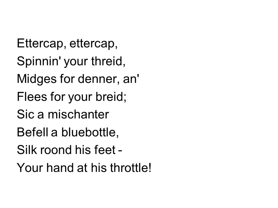 Ettercap, ettercap, Spinnin your threid, Midges for denner, an Flees for your breid; Sic a mischanter.