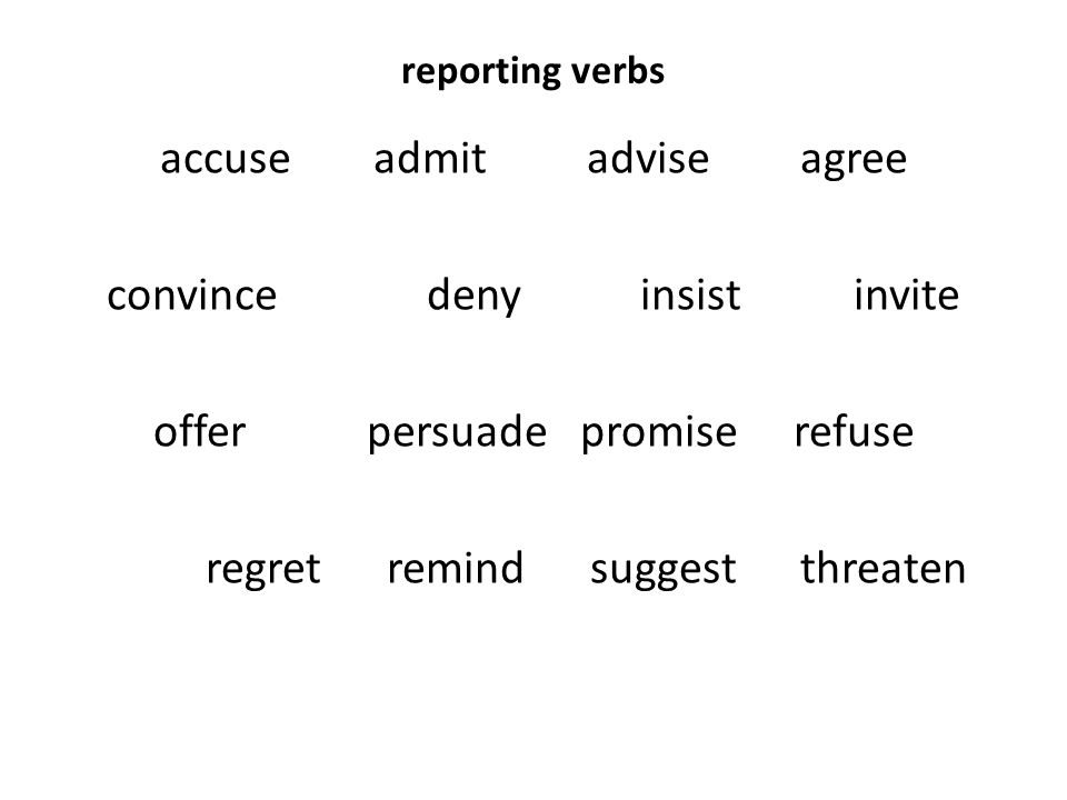 reporting verbs accuse admit advise agree convince deny insist invite offer persuade promise refuse regret remind suggest threaten