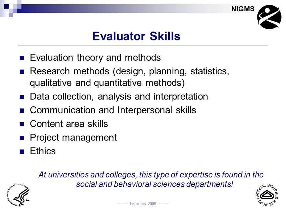 Evaluator Skills Evaluation theory and methods