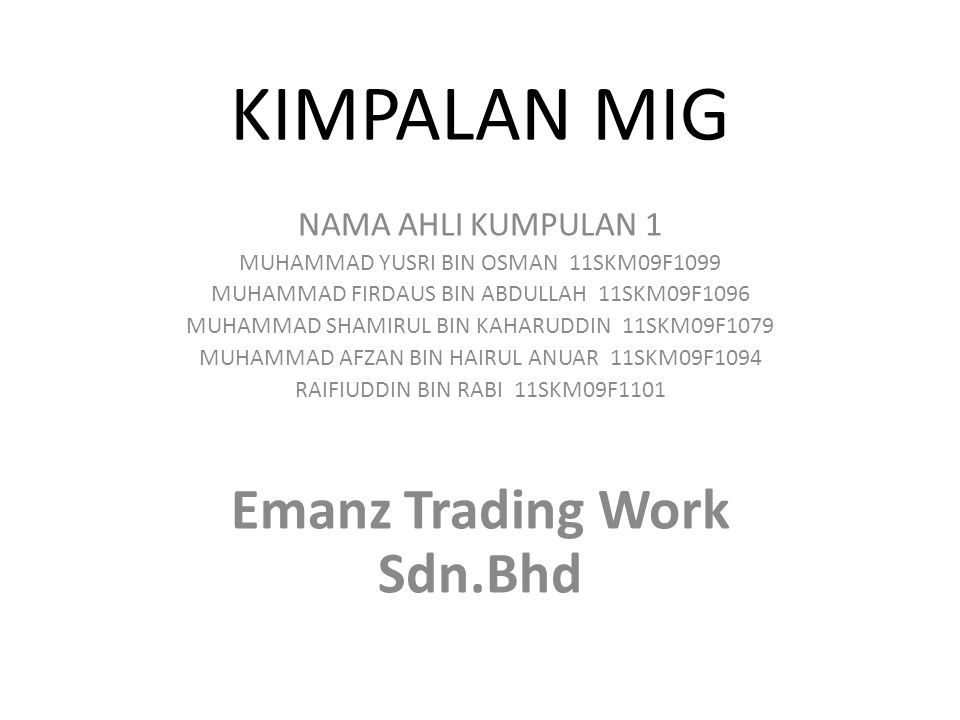 KIMPALAN MIG Emanz Trading Work Sdn.Bhd NAMA AHLI KUMPULAN 1