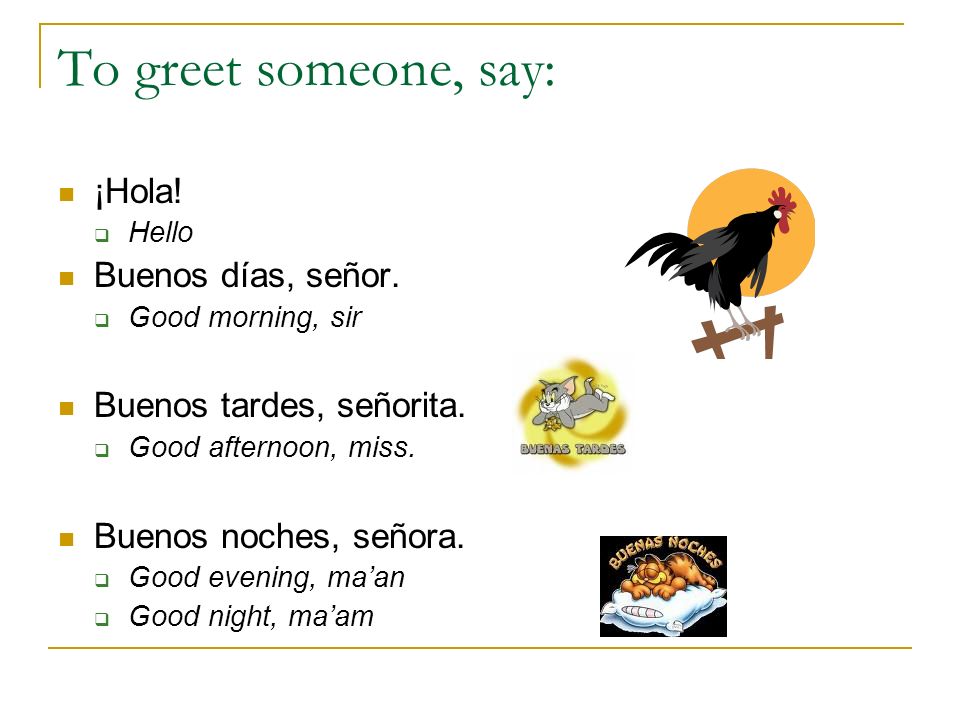 To greet someone, say: ¡Hola! Buenos días, señor.