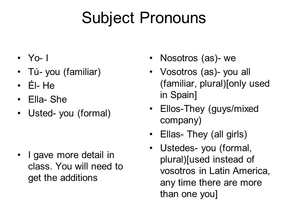 Subject Pronouns Yo- I Tú- you (familiar) Él- He Ella- She