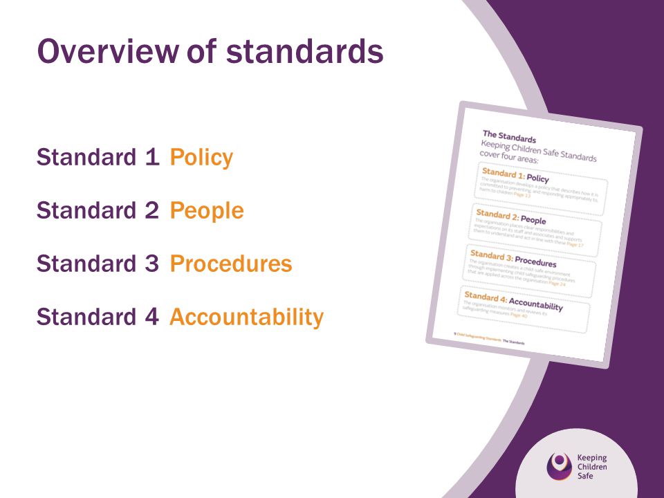 Overview of standards Standard 1 Policy Standard 2 People