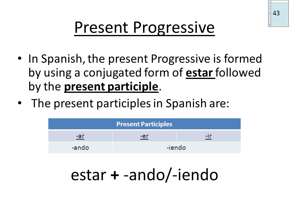 Present Progressive estar + -ando/-iendo