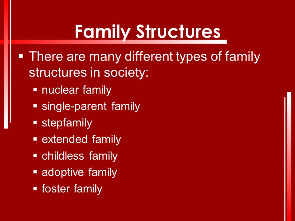 Family Structures There are many different types of family structures in society: nuclear family. single-parent family.