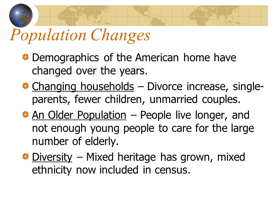 Population Changes Demographics of the American home have changed over the years.